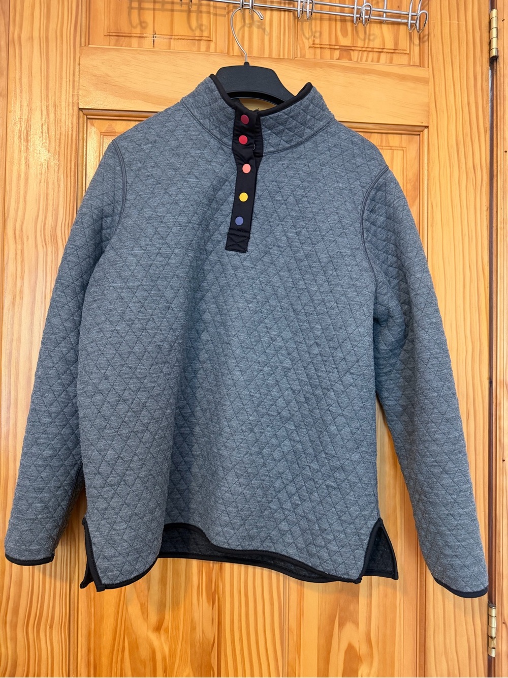 Quilted Gray Pullover with Colorful Snap Placket
